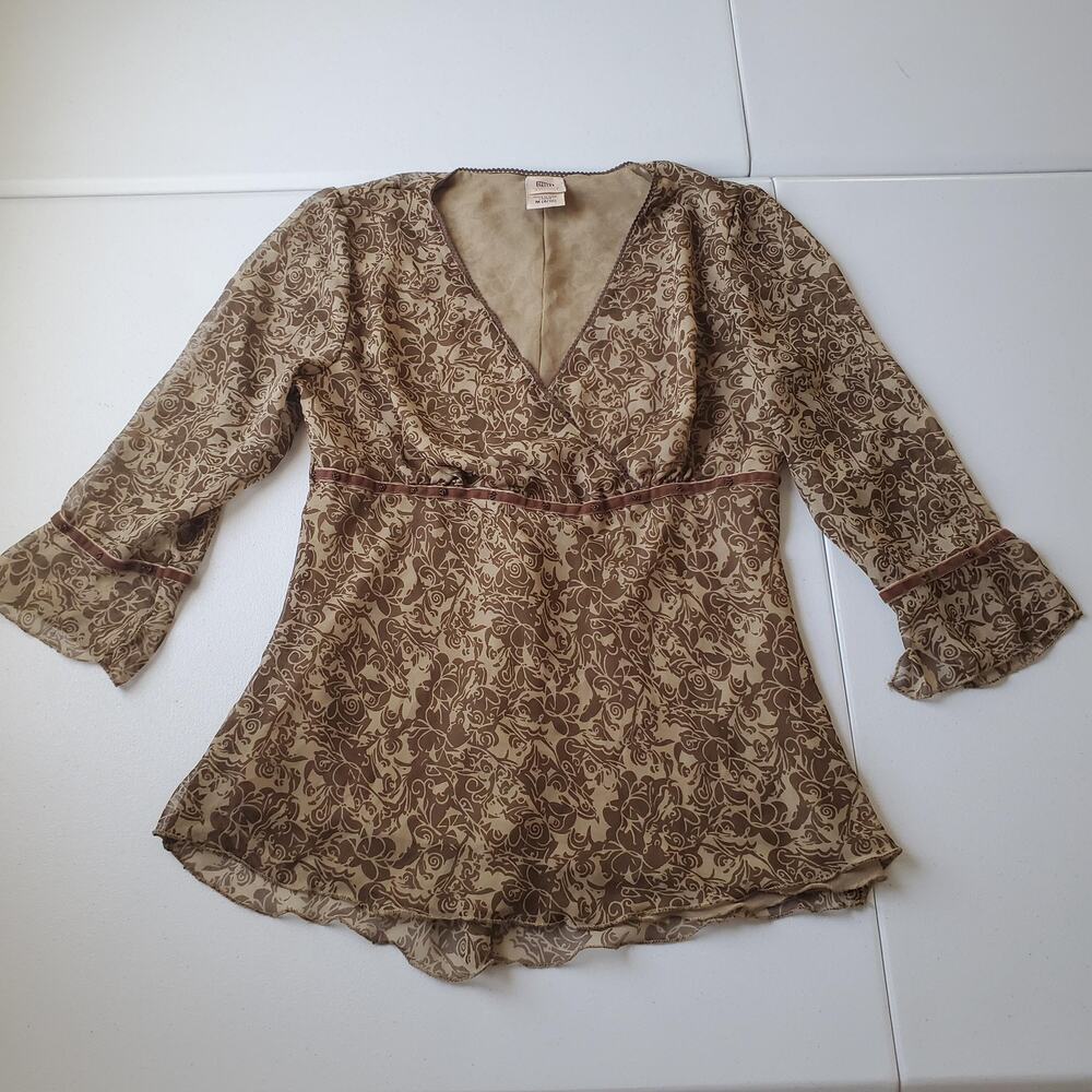 Y2K Babydoll Top Womens M Brown Floral Sheer Bell Sleeve Boho Whimsigoth Fairy